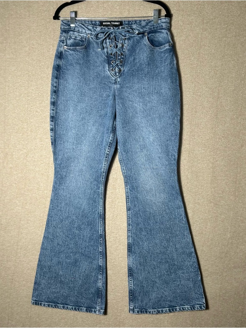 Social Tourist Ultra High Rise Flare Jeans Womens 29 Lace Up 9R 28X31.5 Stretch